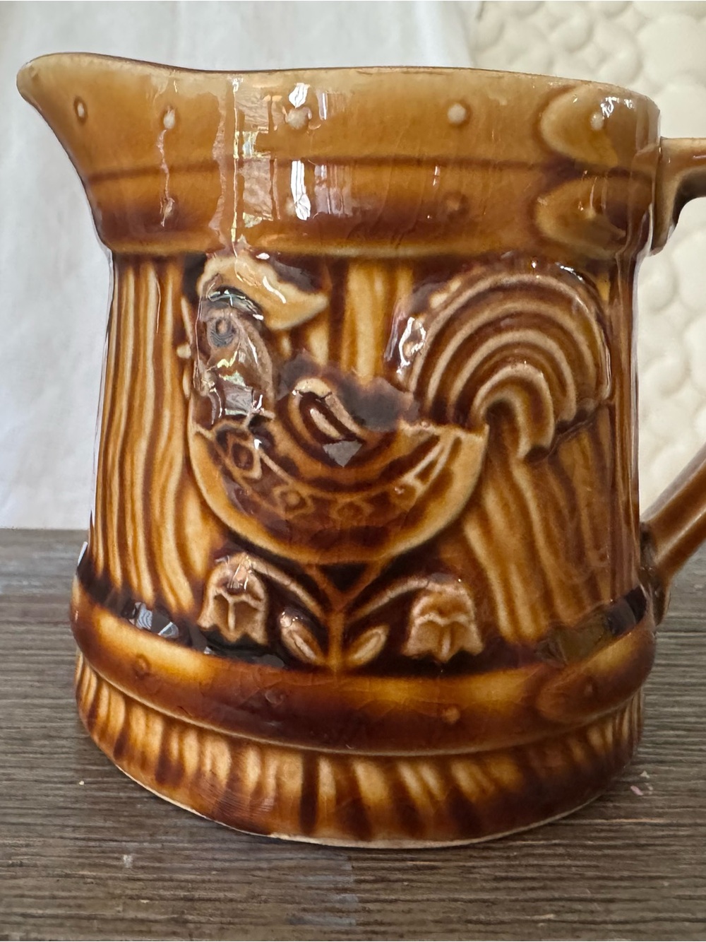 Vintage Ochre Glazed Ceramic Creamer with Rooster Relief Motif